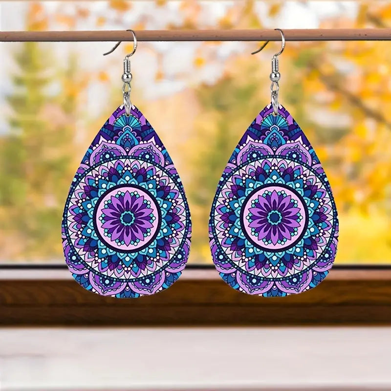 Purple Mandala Flower Leather Earrings