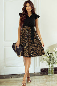 Tied Ruffled Leopard Cap Sleeve Dress