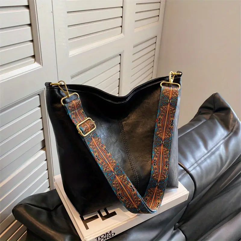 Large Hobo Style Vegan Leather Bag with Guitar Strap