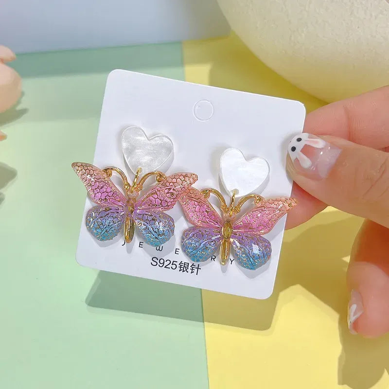 Pink and Blue Gradient Butterfly Earrings with Hearts