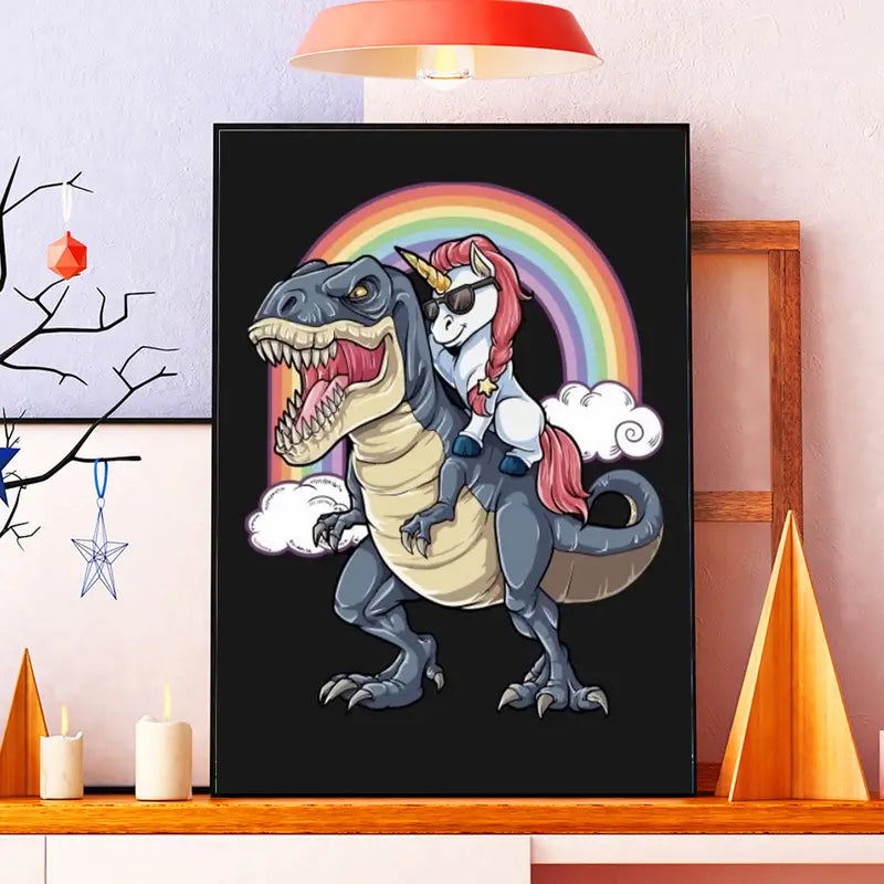 Frameless Diamond Painting Kit-Unicorn Riding a Dinosaur