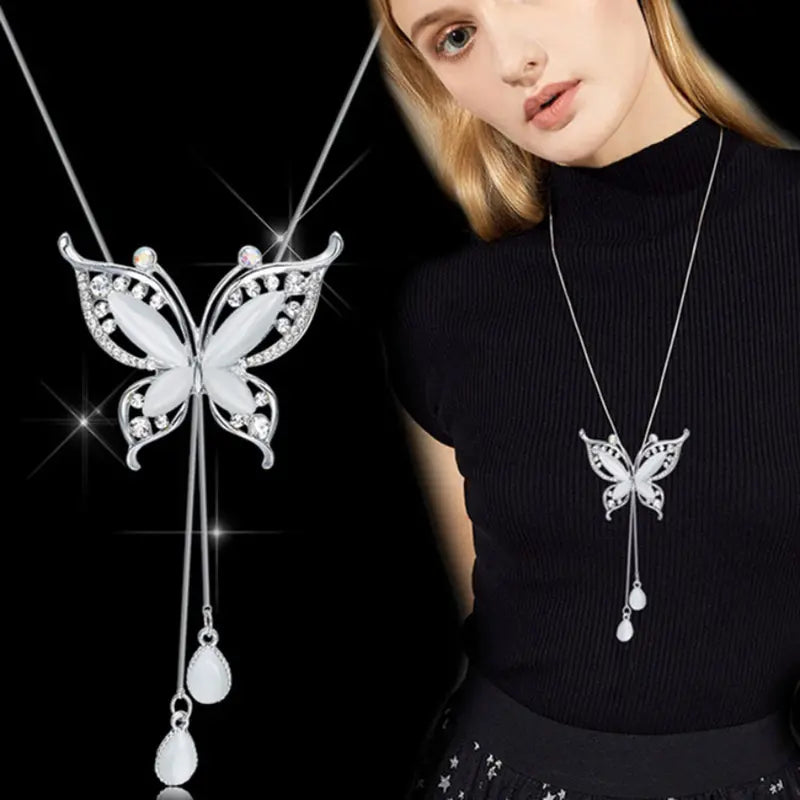 Rhinestone and Cat's Eye Butterfly Necklace