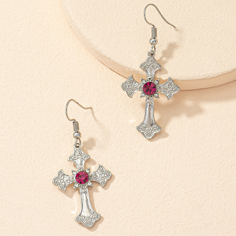 Pink Rhinestone Cross Earrings
