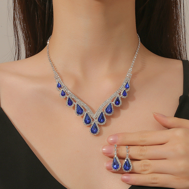 Gorgeous Blue Rhinestone Teardrop Necklace and Earrings Set