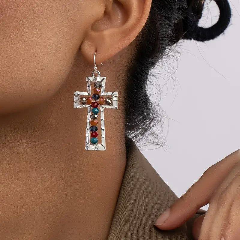 Cross Earrings With Multi Colored Crystal Beads