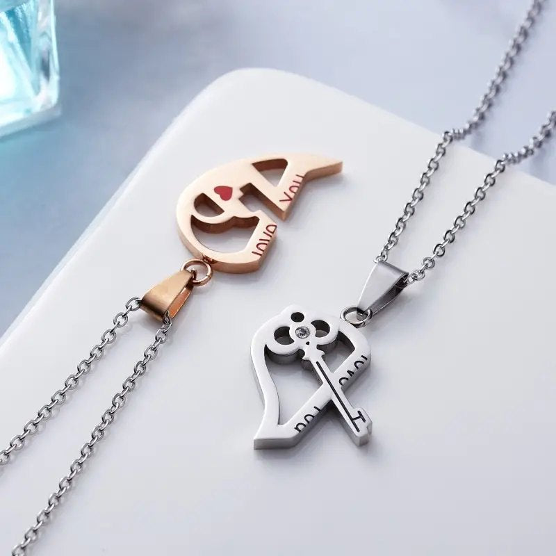 Two Piece Heart and Key Two Toned Necklace Set