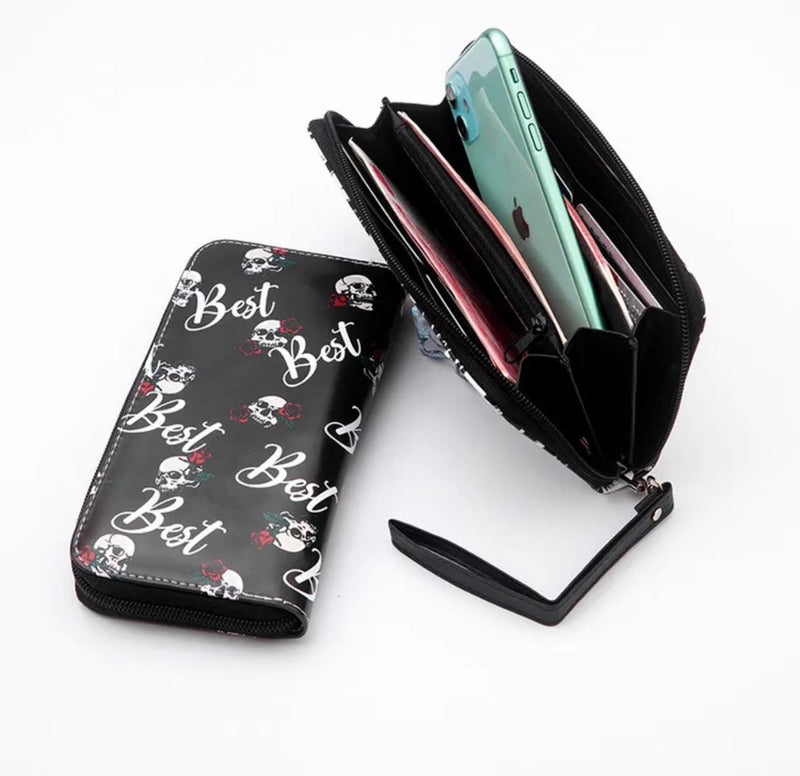 Skull and Roses Zippered Wallet