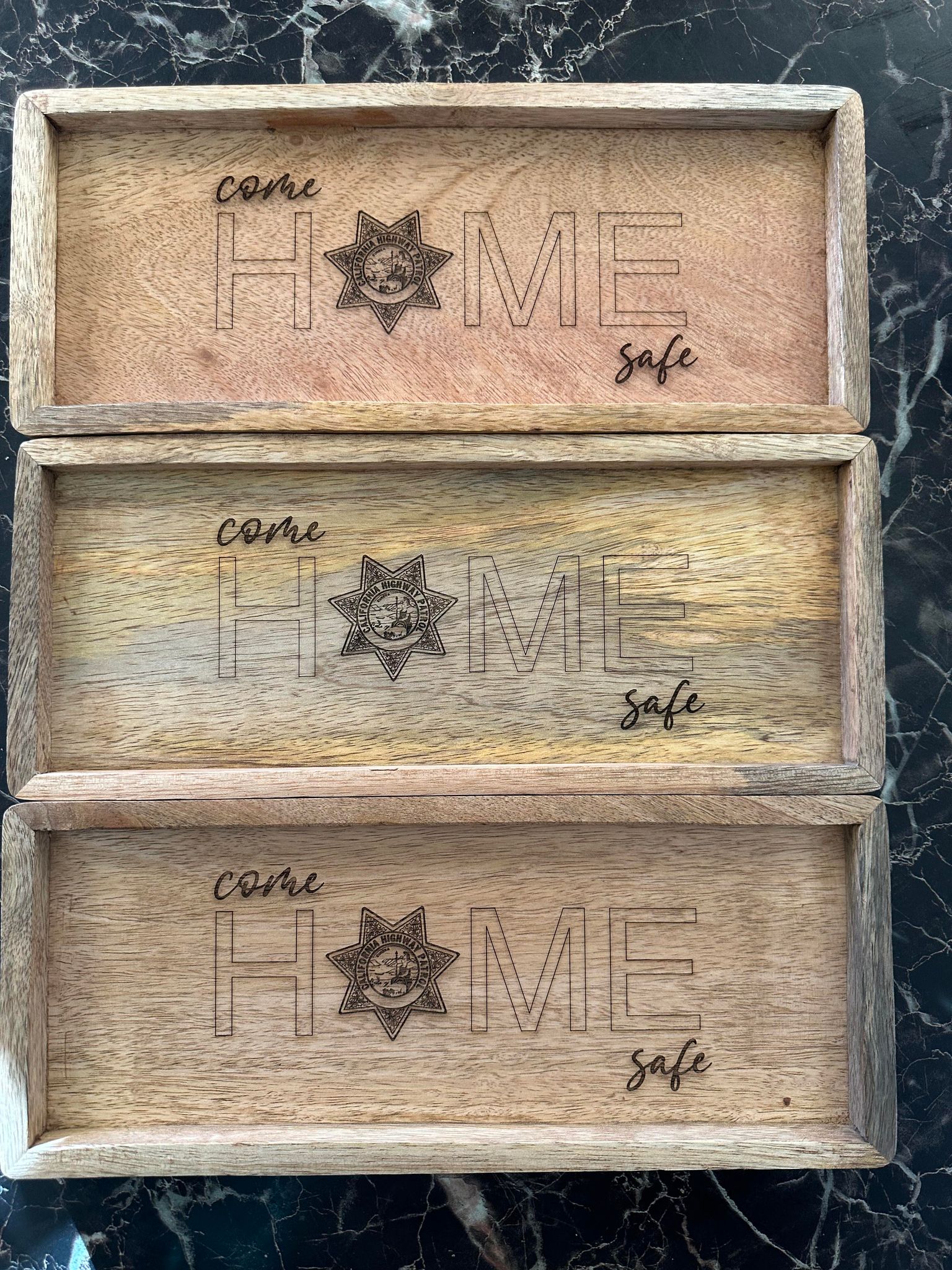 Laser Engraved Come Home Safe Trays with CHP Badge