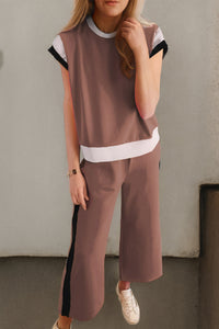 Contrast Round Neck Top and Pants Set