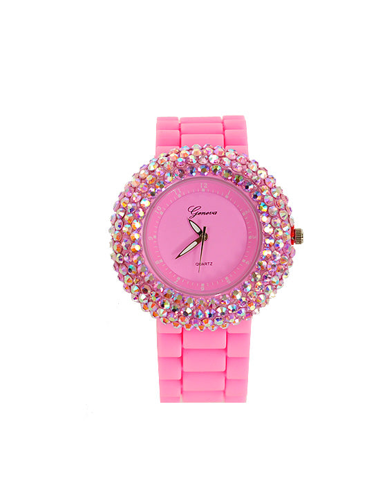 Pink Silicone Strap Iridescent Rhinestone Watch