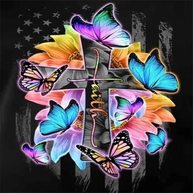 Frameless Diamond Painting Kit-Faith Cross with Butterflies