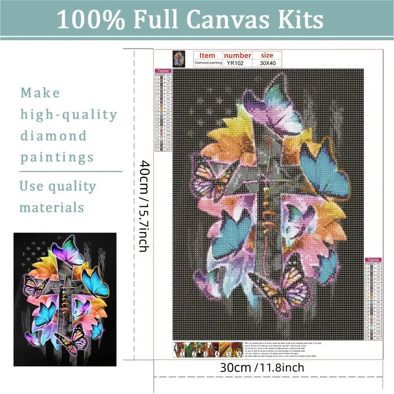 Frameless Diamond Painting Kit-Faith Cross with Butterflies