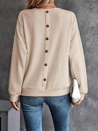 Cold Shoulder Waffle Knit Long Sleeve Top with Back Button Detail