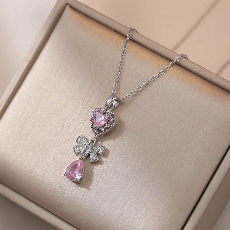 Sparkly Pink Heart and Water Droplet Short Necklace