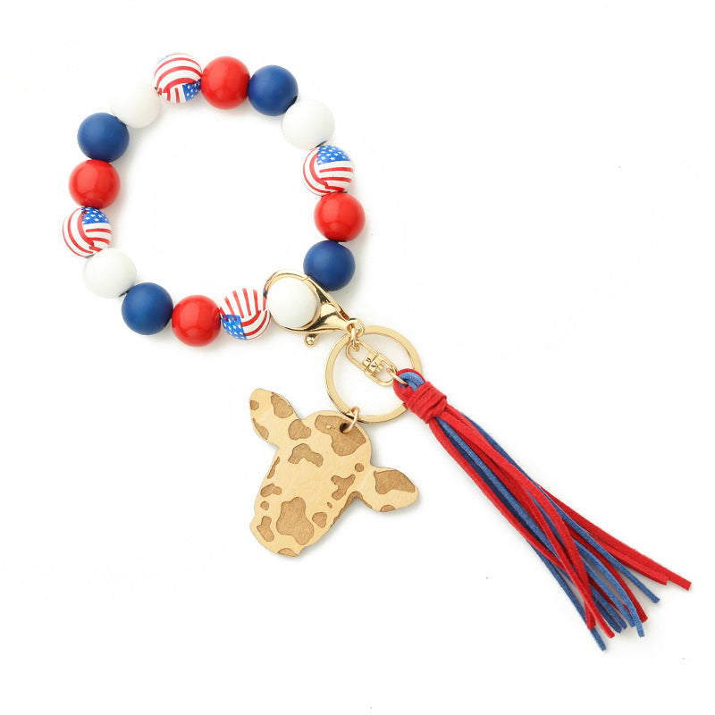 American Flag Bracelet Keychain with Cow Charm