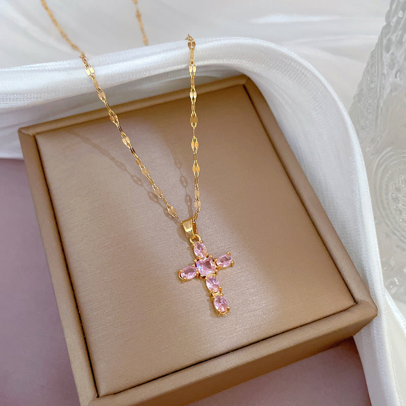 Gold Tone and Pink Rhinestone Cross Pendant Short Necklace