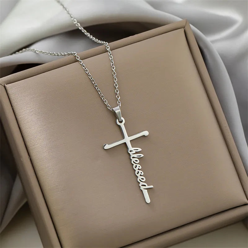 Titanium Steel Inspirational Cross Necklace-Choose Words