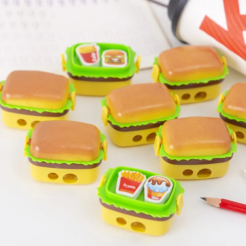 Novelty Hamburger Shaped Pencil Sharpener and Eraser Set