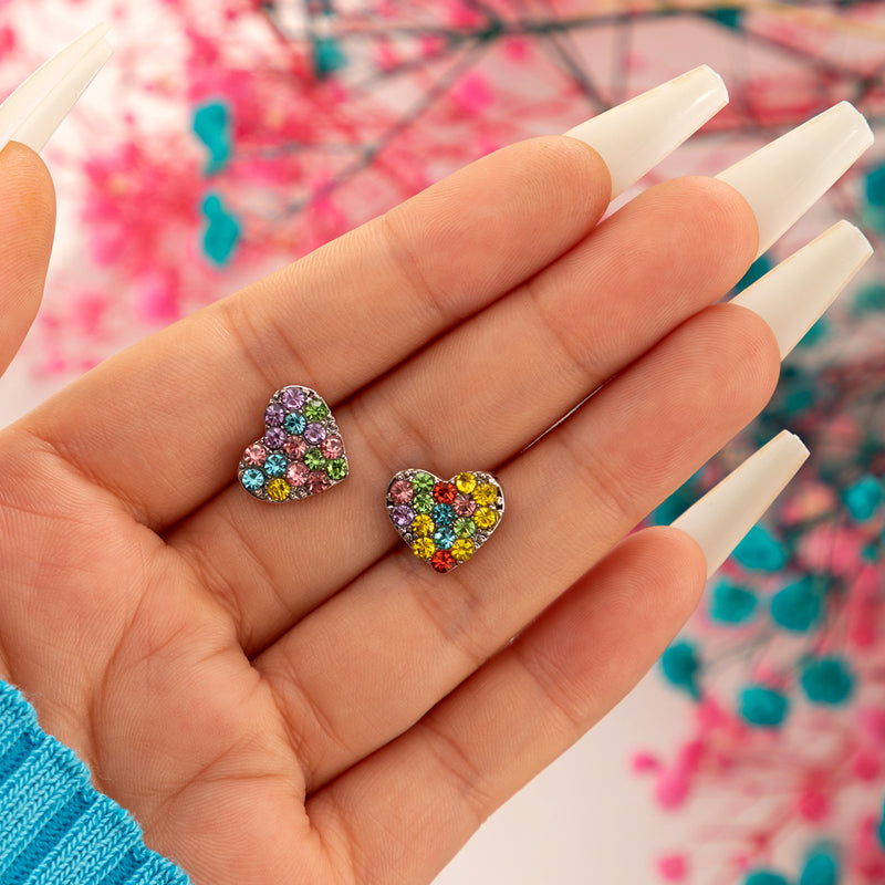 Multi-Colored Rhinestone Heart Stud Earrings