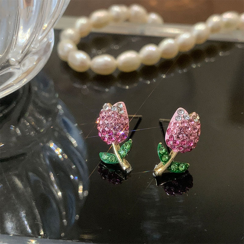 Pink Blingy Tulip Flower Stud Earrings