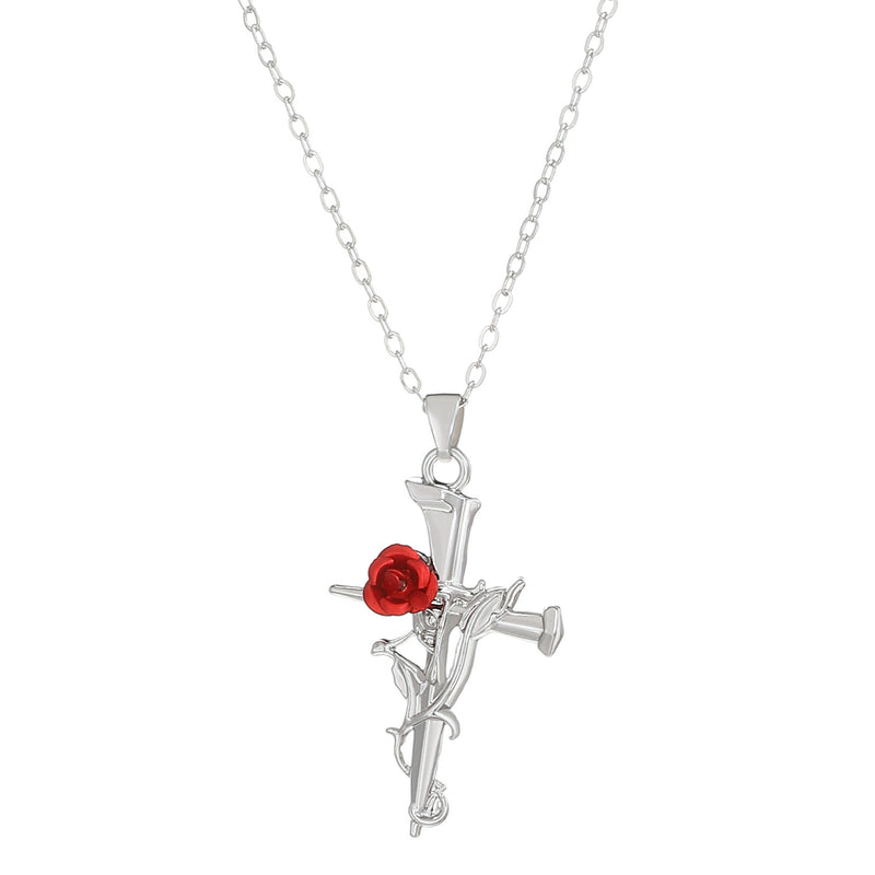 Silver Cross and Rose Necklace