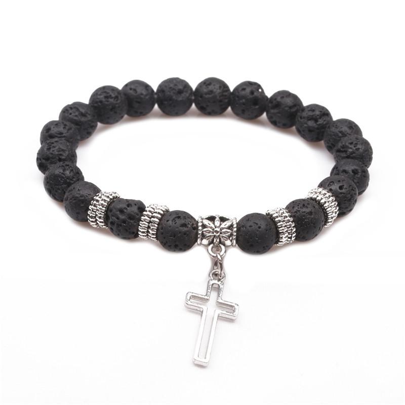 Stretchy Lava Bead Bracelets with Cross Charm-Choose Color