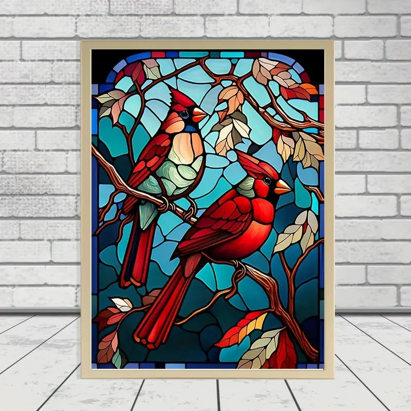Frameless Diamond Painting Kit-Stained Glass Cardinals