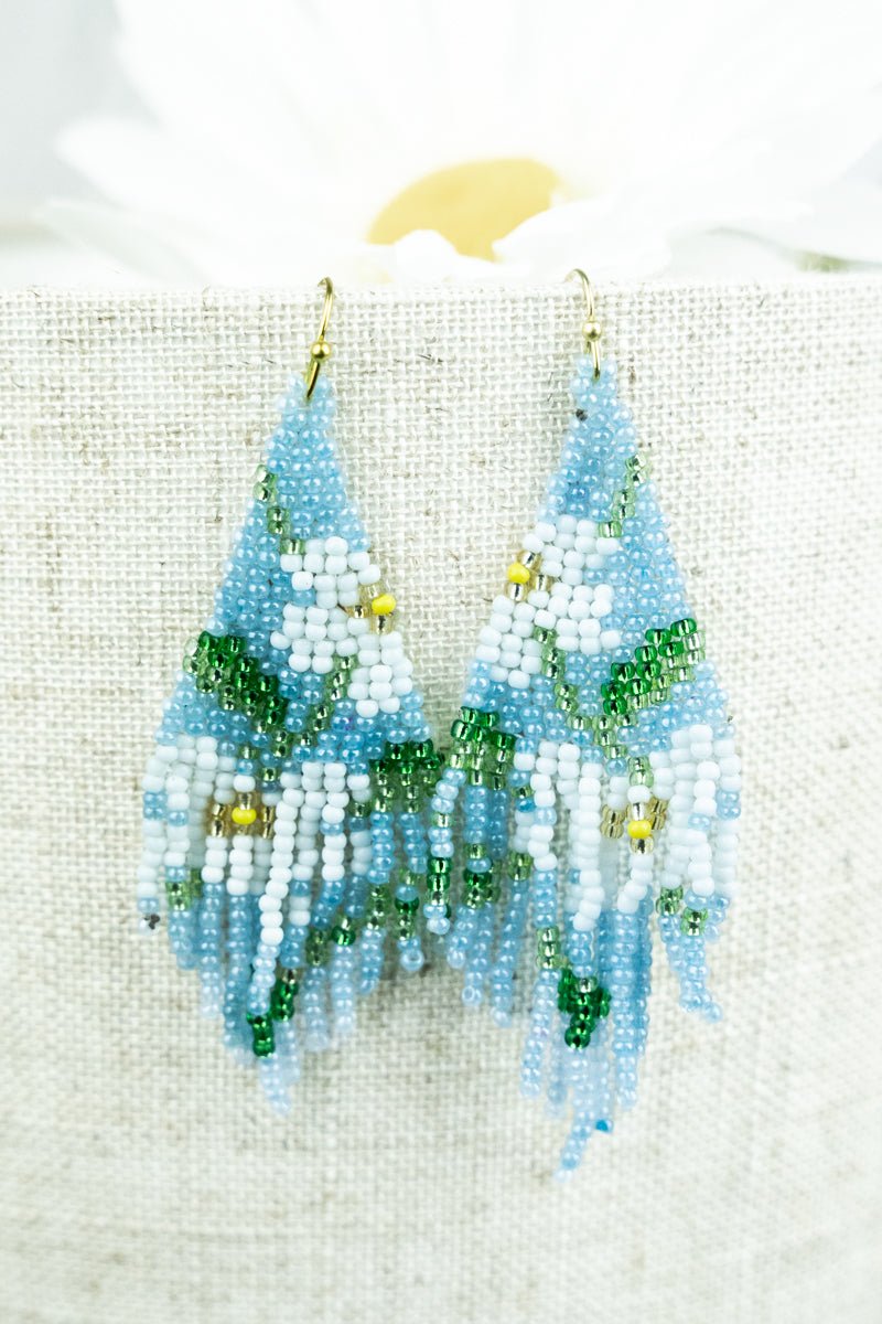 Floral Blue Multi Seed Bead Fringe Earrings