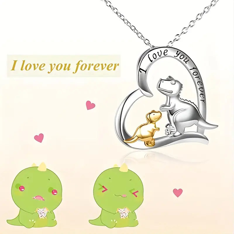 I Love You Forever Heart Necklace with dinosaurs
