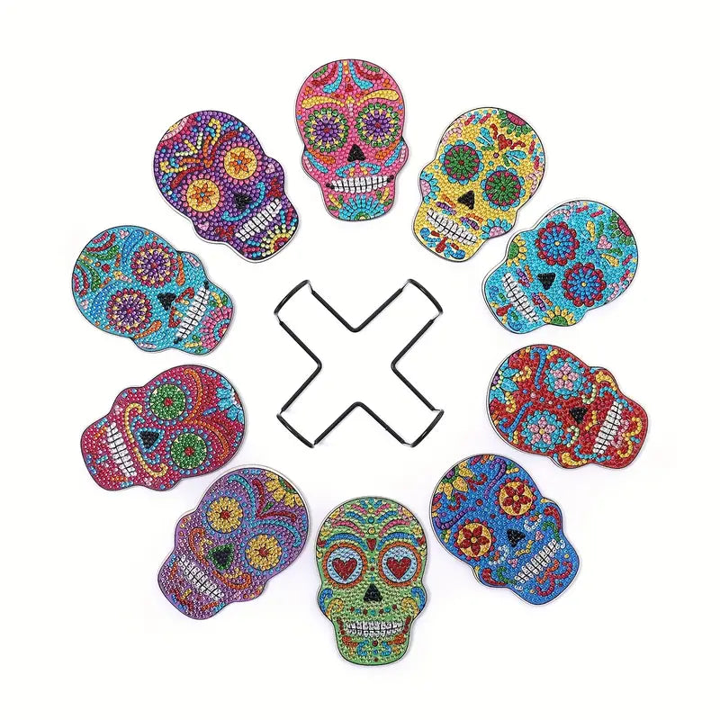 10 Piece Skull Shaped Diamond Art Coaster Set
