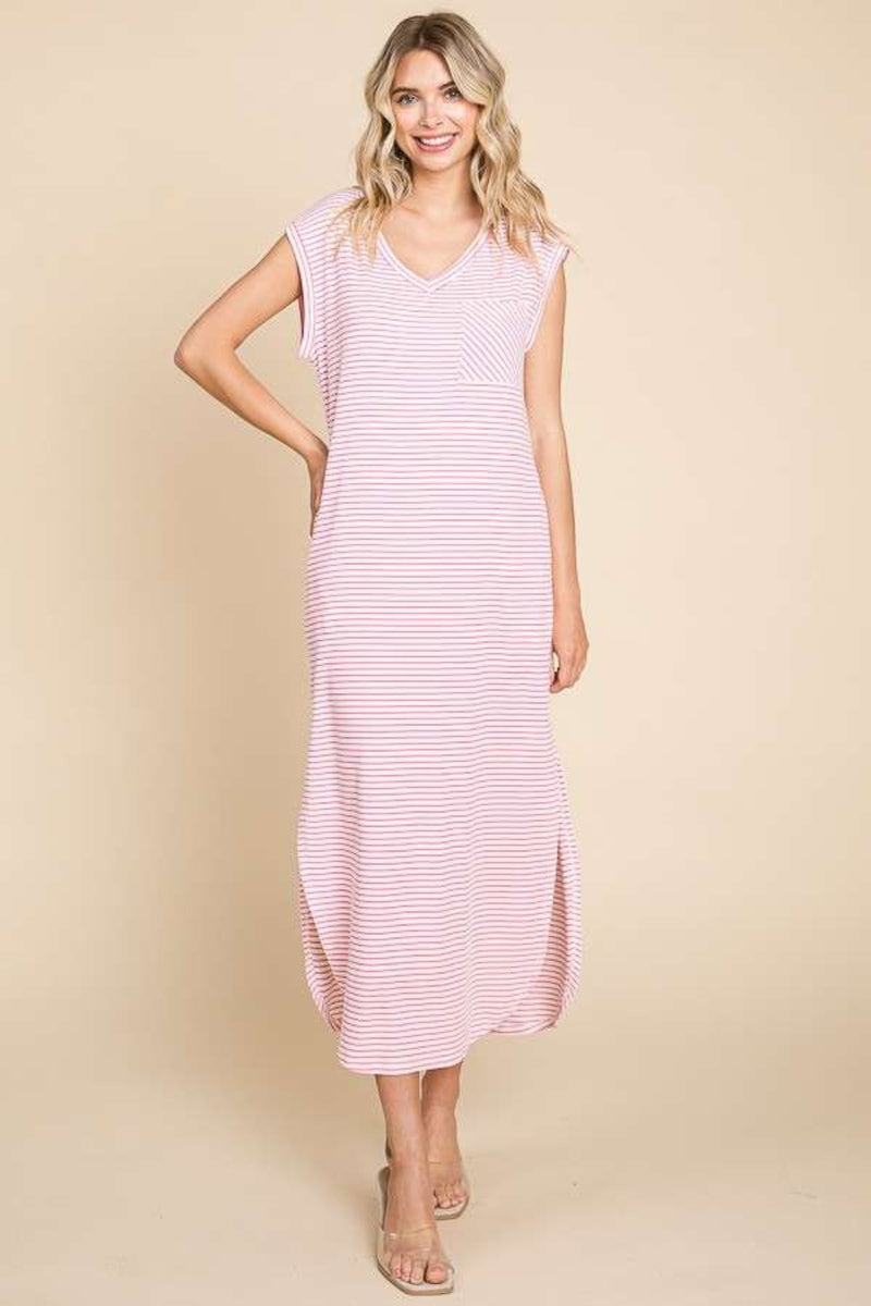 Culture Code Full Size Striped V-Neck Slit Dress with Pockets