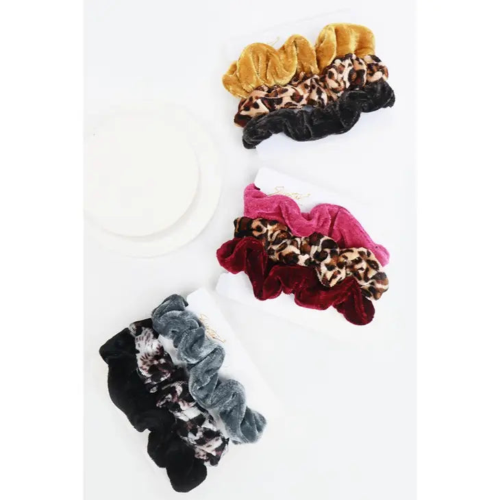 Leopard and Solid Velvet Hair Tie Set-Choose Color