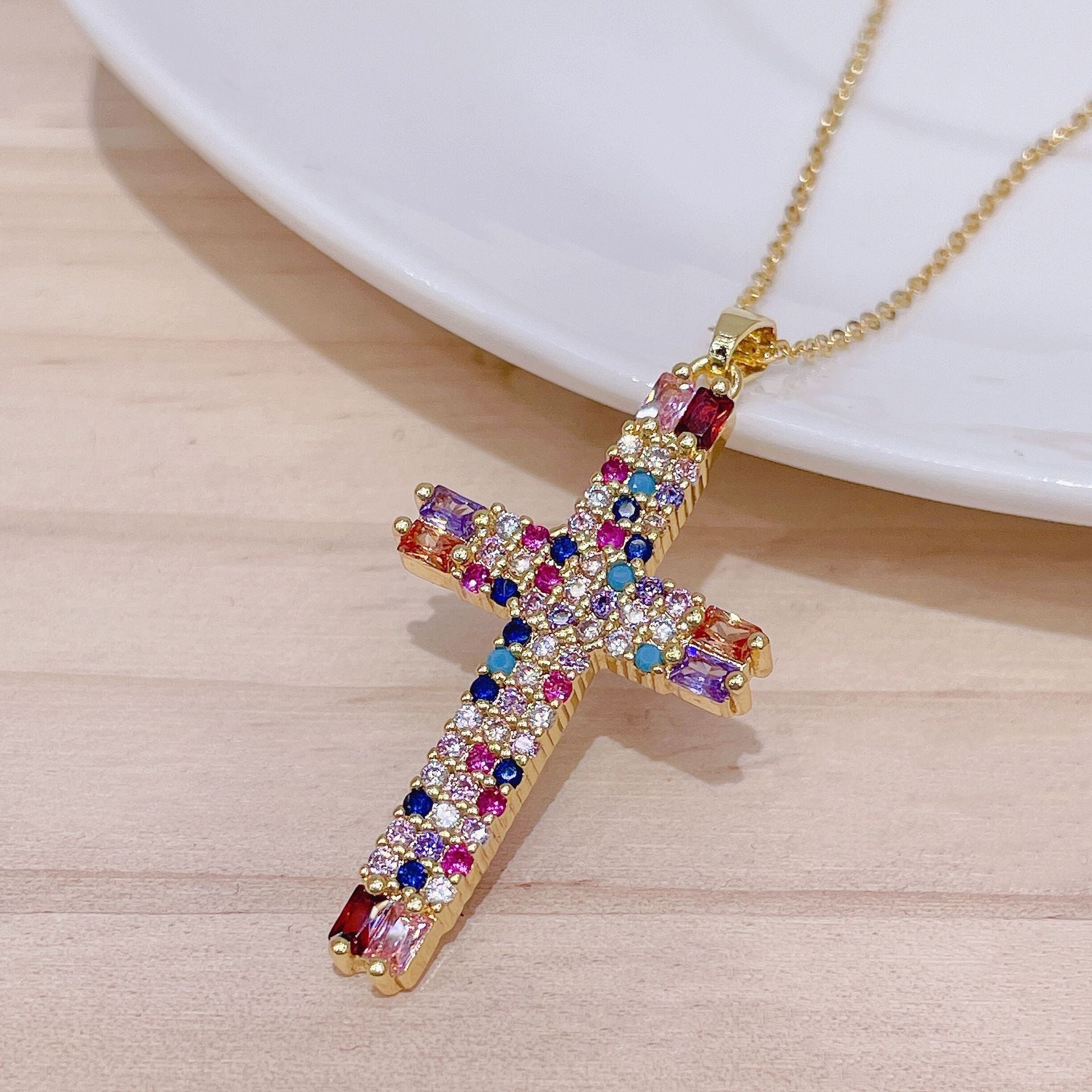 Multi-Colored Rhinestone Cross Pendant Necklace