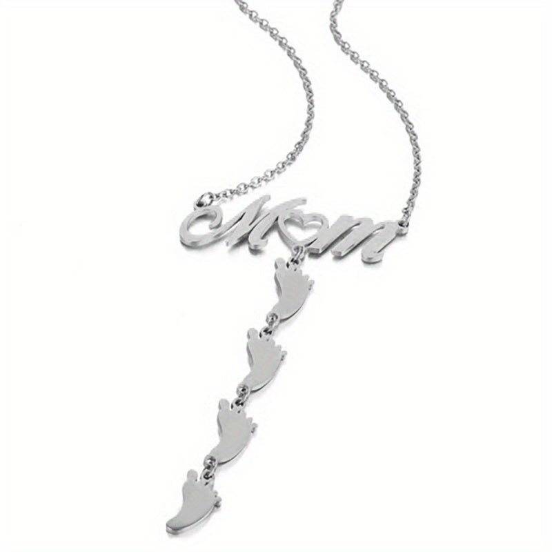Stainless Steel Silver Mom Necklace with 4 Feet Charms