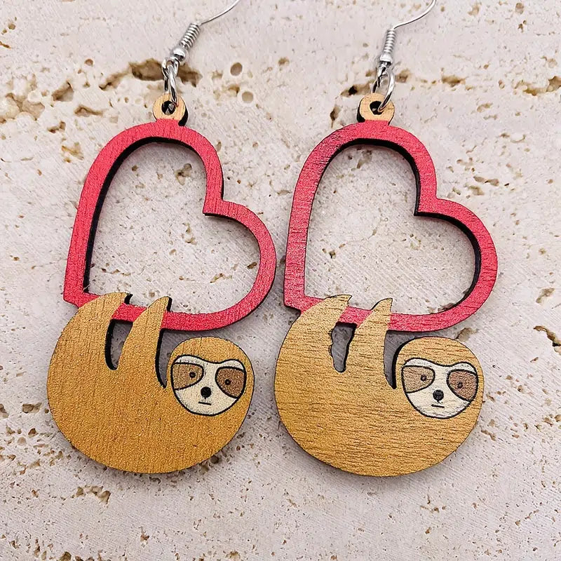 Sloth and Heart Lightweight Wooden Earrings