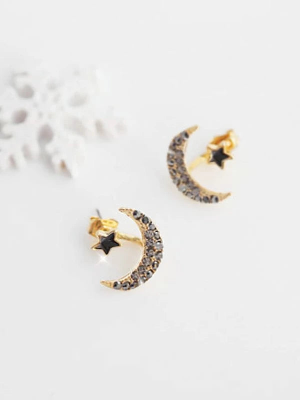 Moon and Star Rhinestone Stud Earrings