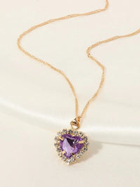 Glassy Purple Heart Rhinestone Pendant Short Necklace