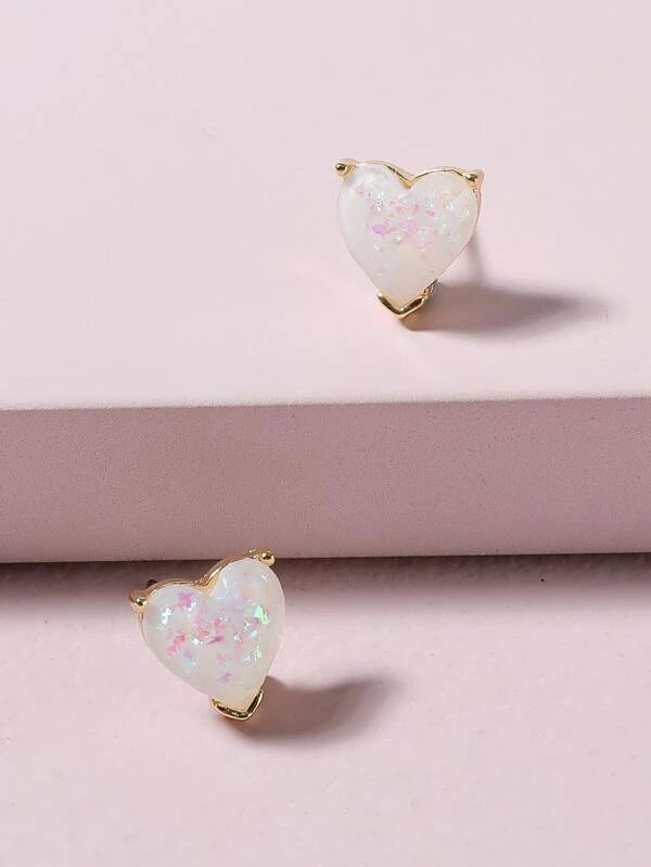 Glitter Opal Heart Stud Earrings