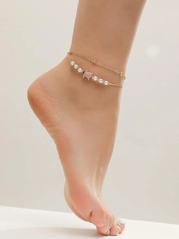 Turtle Faux Pearl Charm Anklet