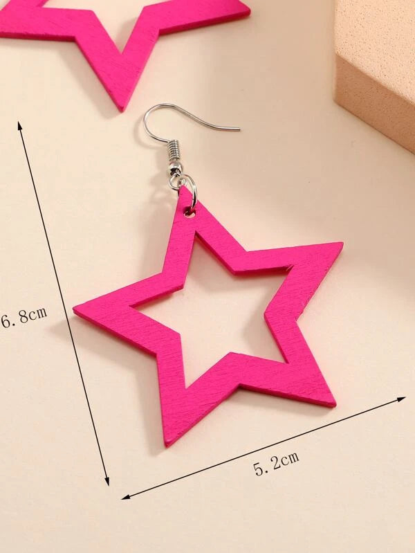 Pink Wooden Star Earrings