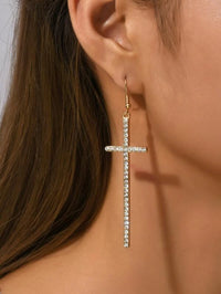 Gold Tone Rhinestone Encrusted Cross Earrings