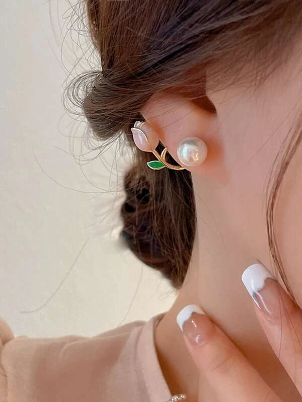 Flower and Faux Pearl Wraparound Jacket Studs