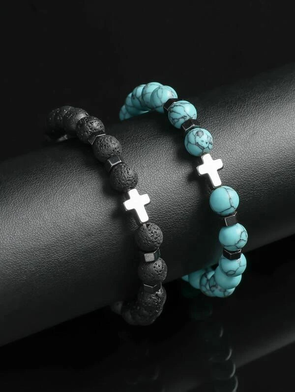 2 piece Turquoise & Lava Bead Cross Bracelet set