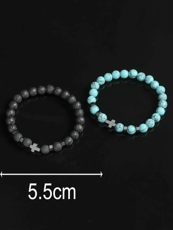 2 piece Turquoise & Lava Bead Cross Bracelet set