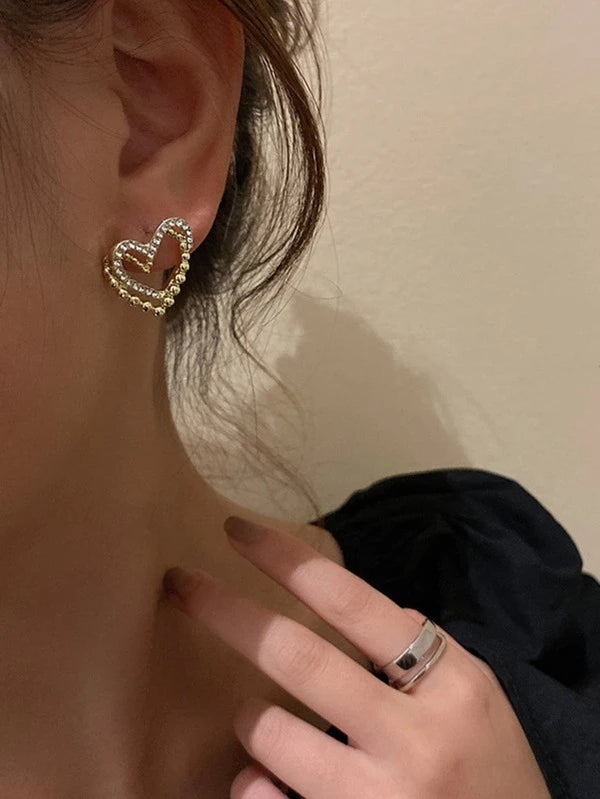 Gold and Rhinestone Double Heart Stud Earrings
