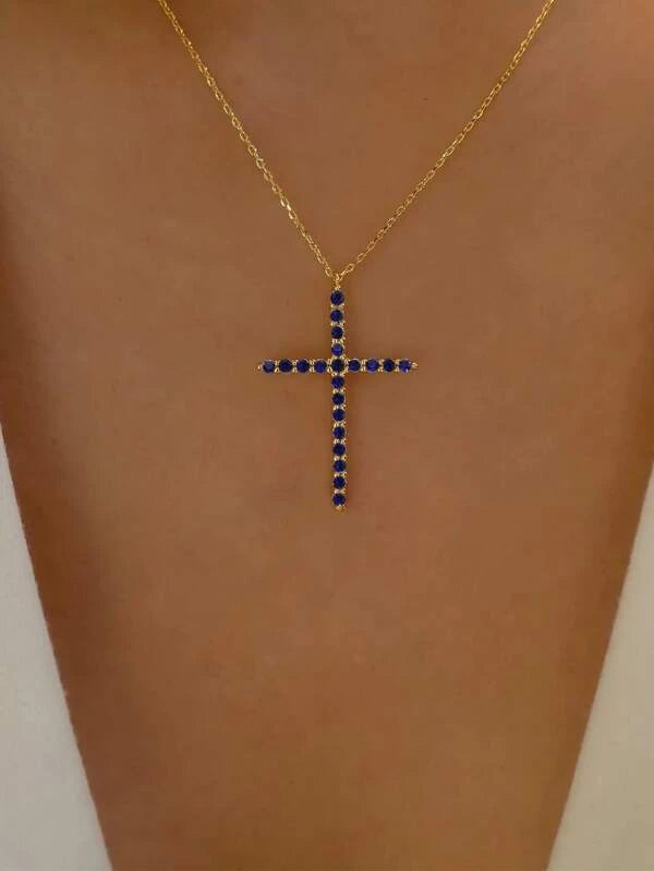 Royal Blue Rhinestone Cross Pendant Short Necklace