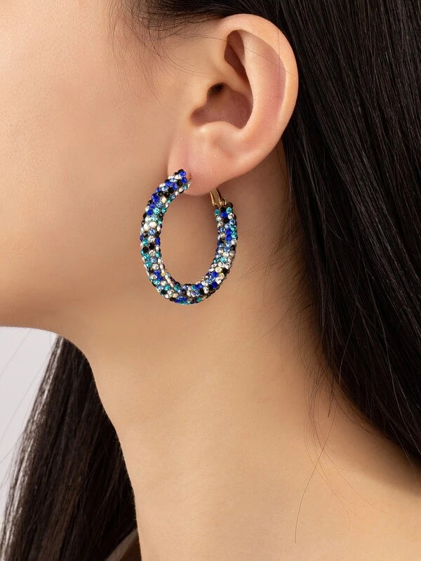 Sparkly Blue Rhinestone Hoop Earrings