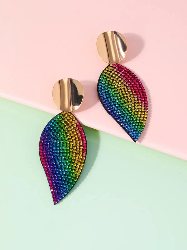 Rainbow Rhinestone Leaf Drop Earrings