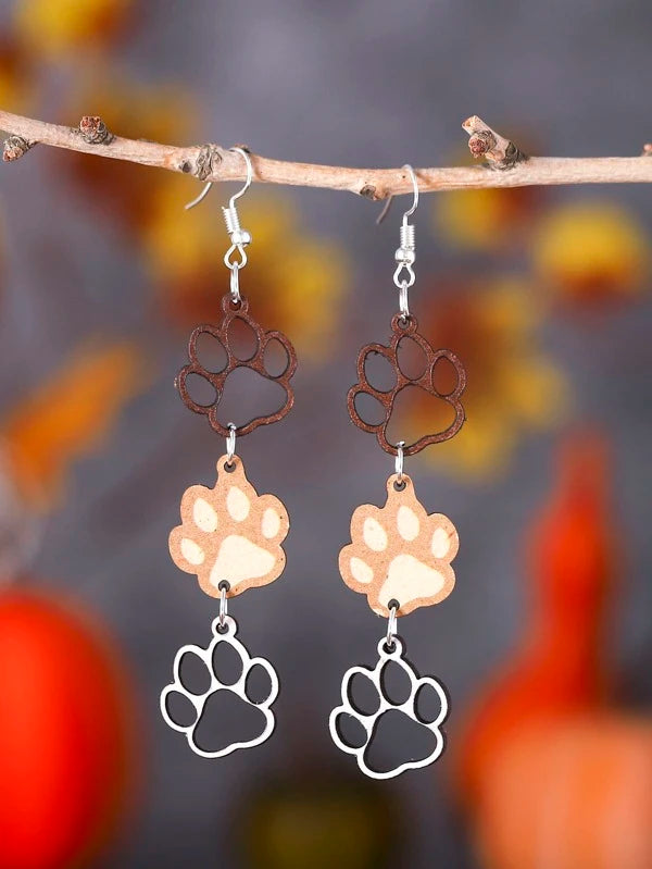 Light Weight Wooden Paw Print Earrings