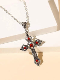 Red Rhinestone Ornate Cross Necklace
